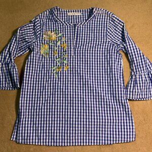 Signature Collection‎ Sz (4/6) Blue White Checkered Blouse Floral Embroidery (C)